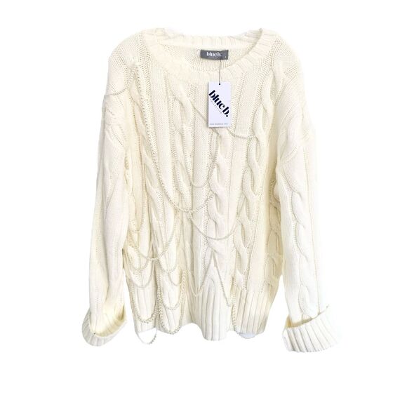 NWT Blue b Ivory Cable Knit Faux Pearls Embellished Sweater Oversized S - Picture 1 of 8